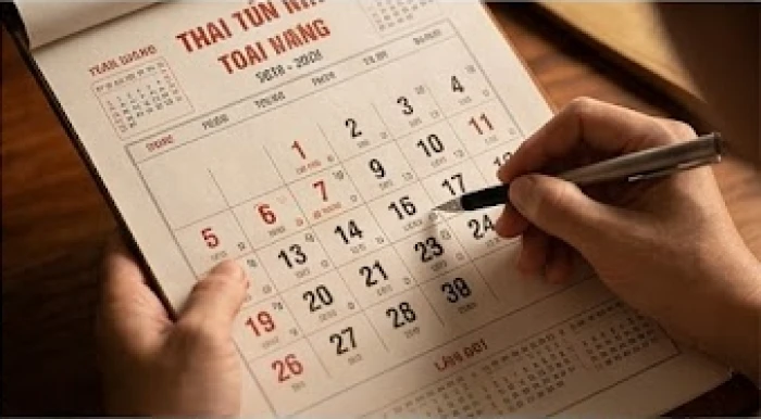 Bàn tay đang dùng bút chỉ vào các mốc thời gian luân hồi trên quyển lịch vạn niên bằng giấy
