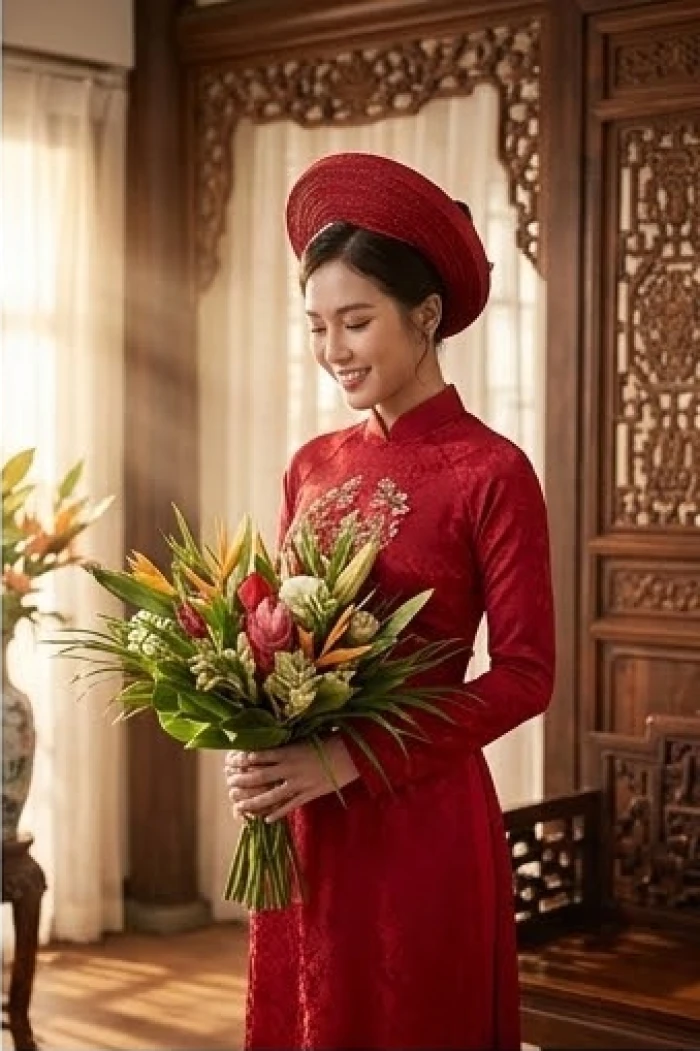 Cô dâu rạng rỡ trong chiếc áo dài đỏ truyền thống chuẩn bị cho lễ rước dâu vào một năm cưới hỏi đẹp