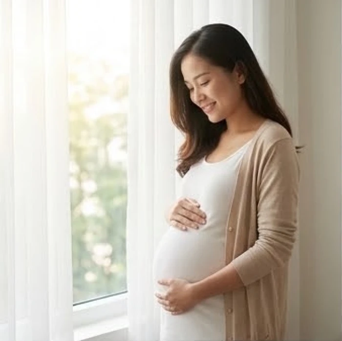 Người phụ nữ mang thai mỉm cười bên khung cửa sổ ngập nắng, tượng trưng cho thời gian thai kỳ được tính vào tuổi mụ