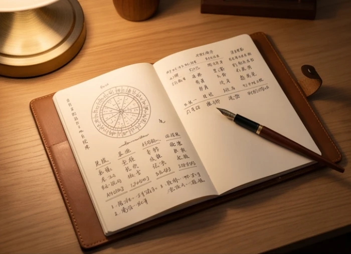 Cuốn sổ ghi chép tử vi với công thức cộng thêm một năm vào tuổi dương lịch để tính tuổi mụ