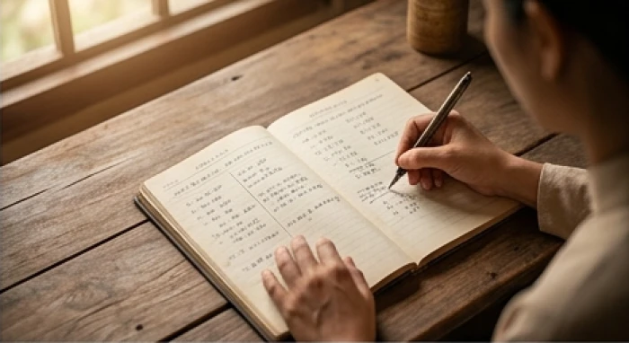 Sổ tay ghi chép công thức tính tuổi mụ và máy tính đặt trên bàn gỗ nhỏ