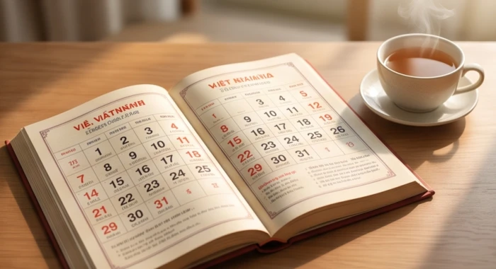 Cuốn lịch vạn niên mở ra bên cạnh tách trà ấm trên bàn làm việc bằng gỗ