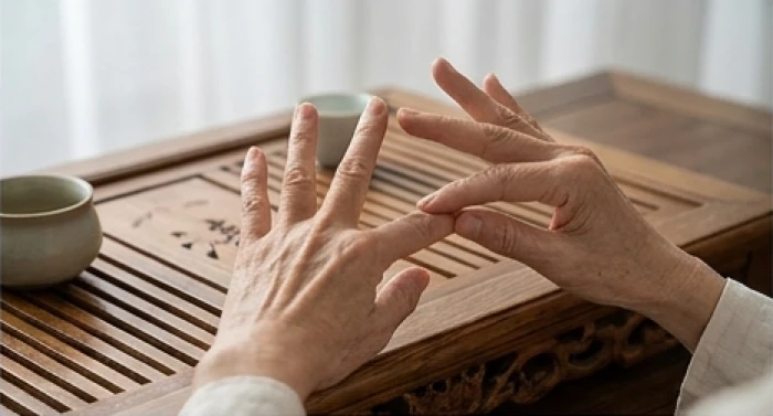 Bàn tay người lớn tuổi đang đếm các đốt ngón tay để nhẩm tính sự tương tác địa chi 12 con giáp