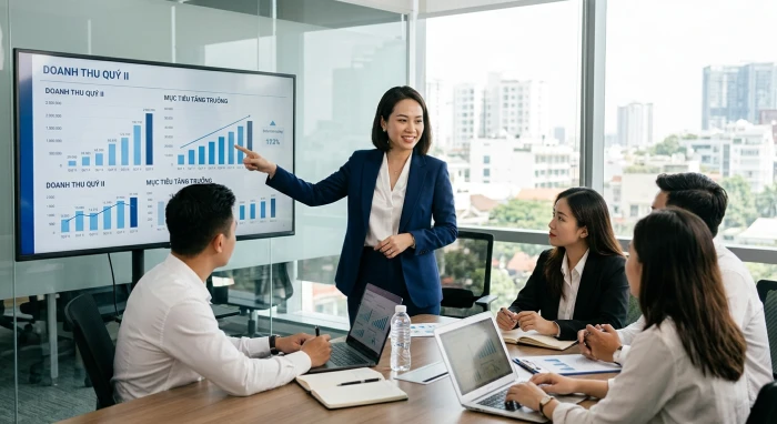 Nhân viên thuyết trình số liệu công việc khách quan trong cuộc họp nhóm tại văn phòng