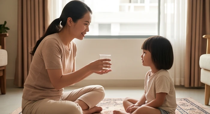 Người mẹ kiên nhẫn ngồi cách hai bước chân chờ con trai bớt giận và đưa cho bé ly nước ấm