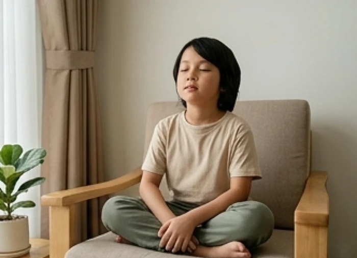 Bé ngồi yên tĩnh hít thở sâu trên ghế sofa sau cơn bực tức giúp tự điều hòa lại cảm xúc tiêu cực một cách tự nhiên