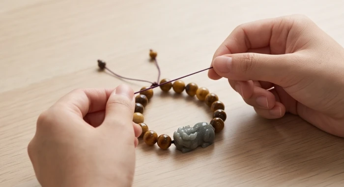 Đôi bàn tay xỏ sợi cước lụa đàn hồi xâu lại các hạt vòng đá tỳ hưu trên đĩa gỗ