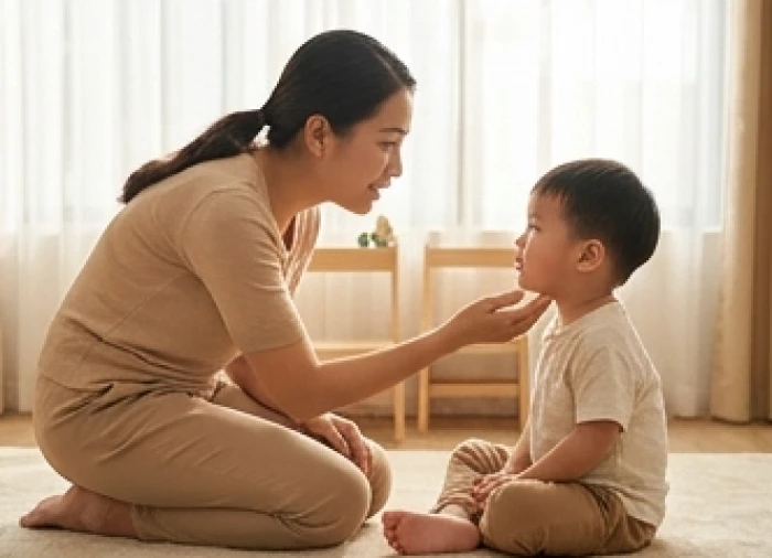 Người mẹ Việt Nam quỳ ngang tầm mắt ân cần hướng dẫn con hít thở sâu tại góc yên tĩnh ở khu vui chơi