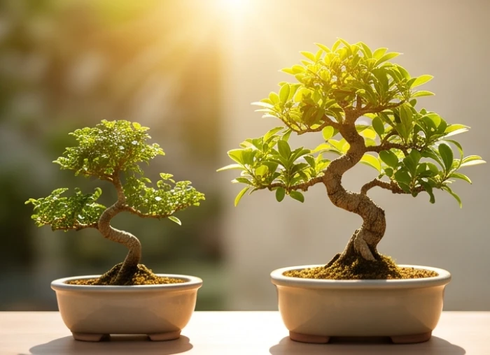 Hai chậu cây nhỏ cùng giống nhưng phát triển khác nhau do nhận được sự chăm sóc và lượng ánh sáng riêng