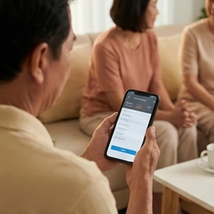 Người đàn ông cao tuổi thao tác cài đặt hạn mức chuyển tiền trực tuyến an toàn trên điện thoại di động thông minh