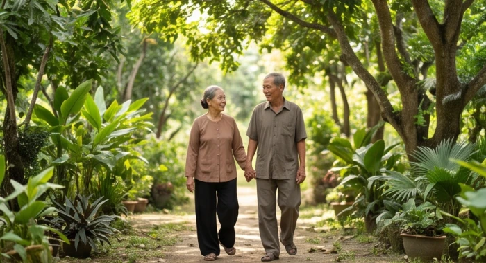 Ông bà lão thong thả đi dạo trong khu vườn nhỏ tĩnh lặng được thiết kế an toàn để rèn luyện thể chất
