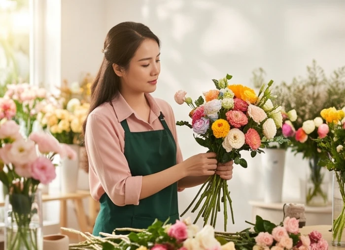 Một nữ thợ cắm hoa đang tỉ mỉ uốn nắn từng cành hoa tươi tắn tạo nên lẵng hoa nghệ thuật
