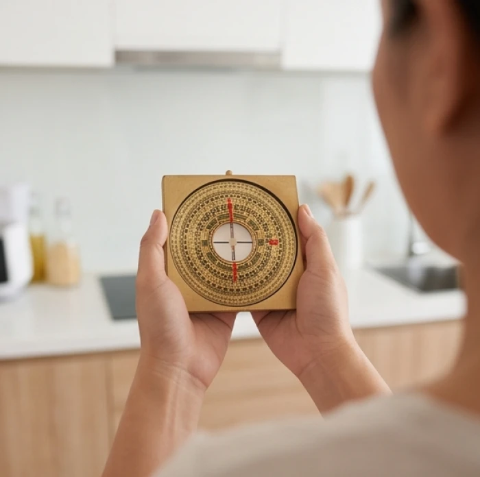 Hai tay giữ la bàn ngang tầm ngực tại tâm phòng bếp để đo tọa độ và phương vị chính xác