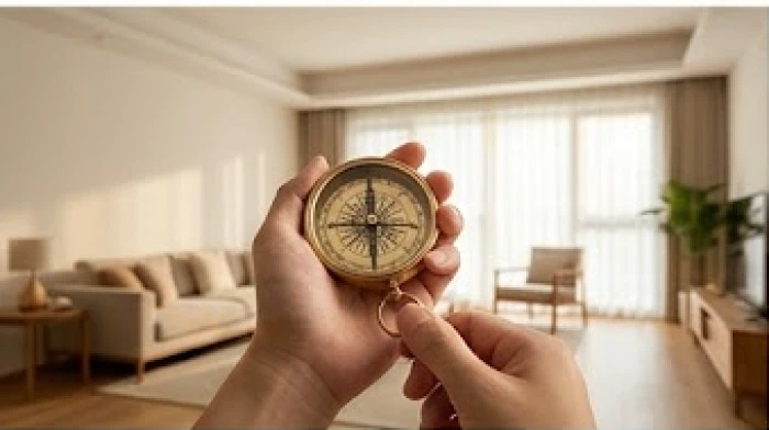 Bàn tay người đang cầm la bàn phong thủy ngang hông để định vị tọa độ tại tâm không gian phòng khách