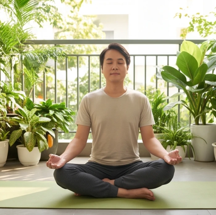 Người tuổi Tuất thư giãn và hít thở tĩnh lặng bên ban công nhiều cây xanh để cân bằng cảm xúc trong các tháng trọng điểm