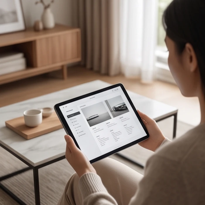 Bàn tay chủ xe kiểm tra danh sách 5 chữ số chẵn lẻ trên màn hình máy tính bảng trong phòng khách yên tĩnh