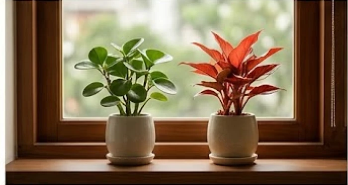 Hai chậu cây cảnh đại diện cho mệnh Thủy và Hỏa được đặt đối xứng hài hòa trên bệ cửa sổ