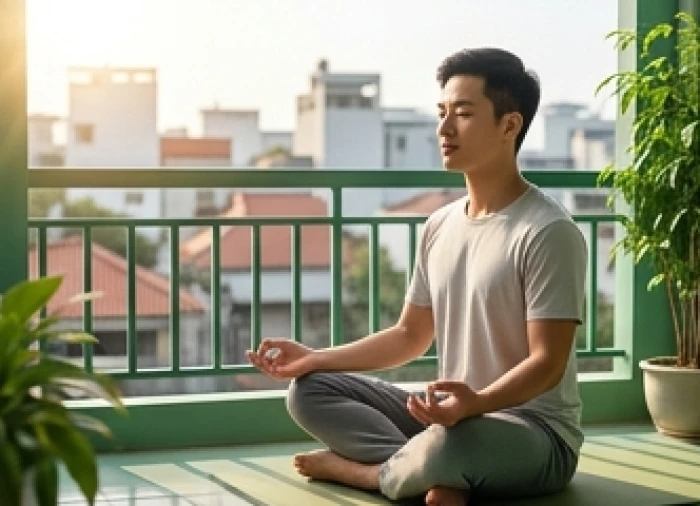 Chàng trai trẻ ngồi thiền tĩnh tâm bên ban công đầy cây xanh đón ánh nắng sớm mai