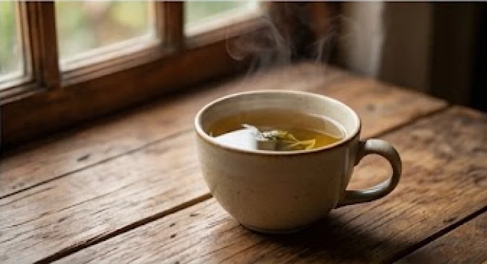 Tách trà nóng tỏa hương thơm nhẹ nhàng đặt trên chiếc bàn gỗ mộc mạc bên khung cửa sổ