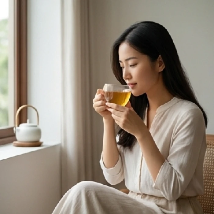 Người phụ nữ điềm tĩnh thưởng thức ly trà nóng trong một không gian yên tĩnh được bày trí tối giản và tinh tế