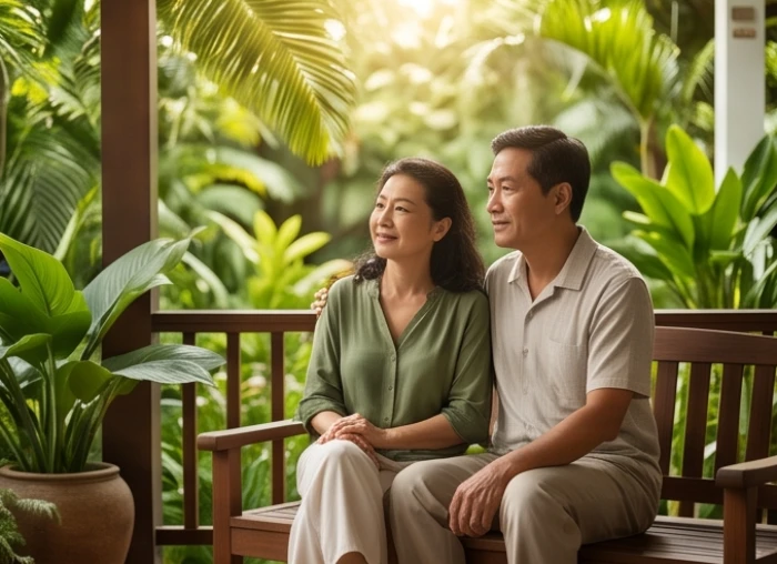 Hai vợ chồng cùng ngồi đọc sách và trò chuyện thư thả trong sân vườn yên tĩnh ngày cuối tuần