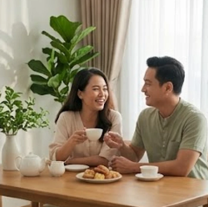 Gia đình nhỏ quây quần uống trà và trò chuyện vui vẻ tại gian phòng có thiết kế hài hòa