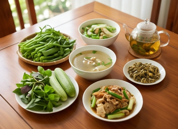 Bữa ăn gia đình thanh đạm giàu dinh dưỡng trên bàn gỗ giúp cân bằng sức khỏe hệ tiêu hóa cho nam mạng Mậu Tý