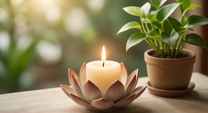 Không gian thiền định yên tĩnh với nến thơm giúp giảm bớt căng thẳng thần kinh và áp lực tâm lý
