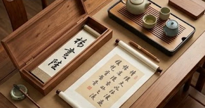Góc làm việc tinh tế với tranh thư pháp và bộ trà sứ thể hiện sự hài hòa năng lượng thiên can địa chi tuổi Ất Dậu