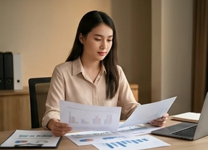 Người phụ nữ suy nghĩ và đối chiếu các thông tin trên hồ sơ đối tác trong không gian làm việc yên tĩnh