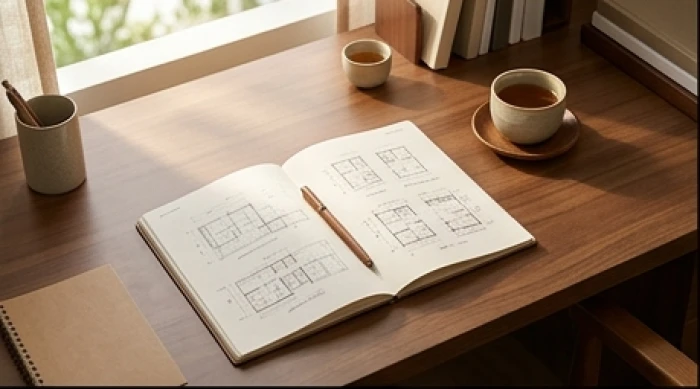Góc làm việc tĩnh lặng với sổ sách kế hoạch đang mở tượng trưng cho những cản trở ngầm của hạn phá thái tuế