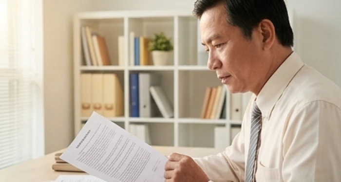 Người trung niên xem xét kỹ lưỡng các điều khoản pháp lý của văn bản hợp đồng kinh tế trước khi ký kết