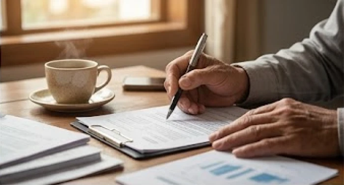 Bàn tay đang cẩn thận xem xét một bản hợp đồng kinh doanh bên cạnh tách trà trên bàn làm việc bằng gỗ