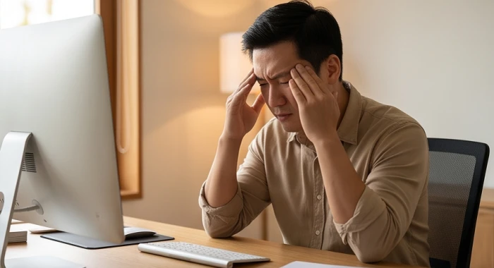 Người đàn ông mệt mỏi xoa thái dương khi ngồi trước màn hình máy tính do áp lực công việc.