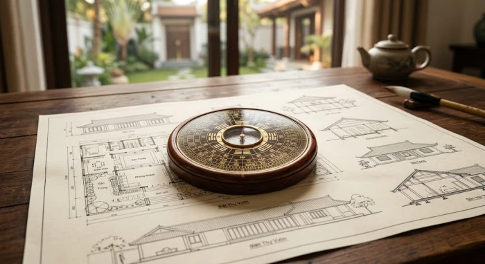 La bàn phong thủy đặt trên bản vẽ thiết kế kiến trúc giúp xác định canh dần 1950 hợp hướng nào để đón sinh khí
