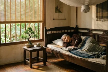 Không gian phòng ngủ tĩnh tại giải đáp canh dần 1950 mệnh gì với nội thất gỗ tùng và cây xanh