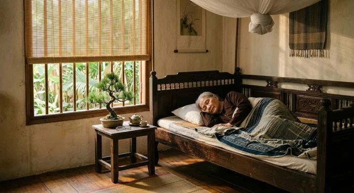 Không gian phòng ngủ tĩnh tại giải đáp canh dần 1950 mệnh gì với nội thất gỗ tùng và cây xanh