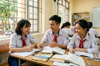 Hình ảnh nhóm học sinh trung học Việt Nam vui vẻ thảo luận bài tập minh họa cho chủ đề canh dần 2010 hợp tuổi nào