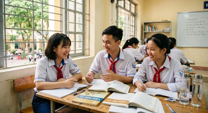 Hình ảnh nhóm học sinh trung học Việt Nam vui vẻ thảo luận bài tập minh họa cho chủ đề canh dần 2010 hợp tuổi nào