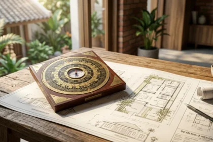 La bàn phong thủy đặt trên bản vẽ kiến trúc giúp xác định Canh Ngọ 1990 hợp hướng nào