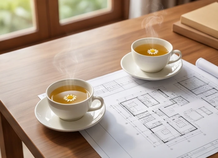 Hai tách trà hoa cúc nóng hổi đặt cạnh bản vẽ thiết kế công trình trên chiếc bàn làm việc gỗ tự nhiên