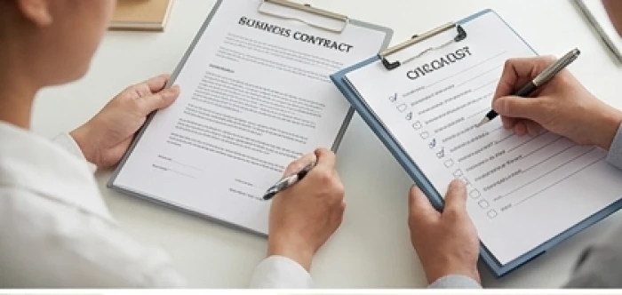 Hai đồng nghiệp ký kết biên bản thỏa thuận phân định chỉ số công việc rõ ràng trên bàn họp