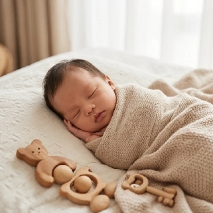 Em bé sơ sinh bụ bẫm đang ngủ say sưa bên cạnh những món đồ chơi bằng gỗ thủ công