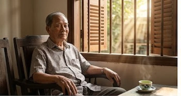 Cụ ông tuổi Canh Thìn ngồi nghỉ ngơi thư thái bên chén trà nóng trong phòng gian truyền thống