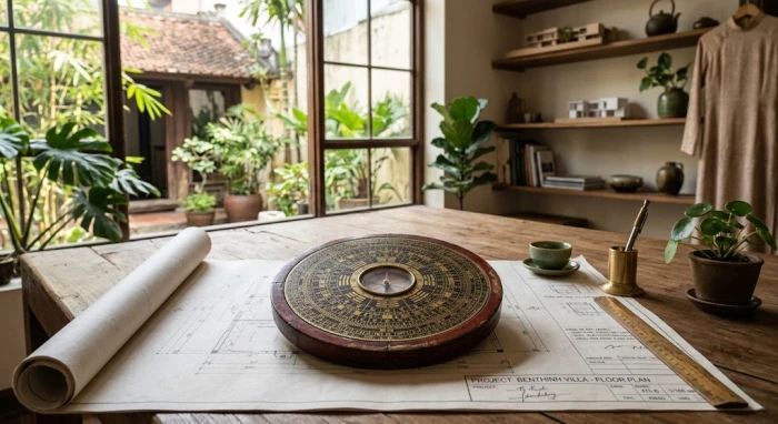 Bản vẽ thiết kế nhà ở kết hợp la bàn phong thủy giúp gia chủ biết canh thìn 2000 hợp hướng nào