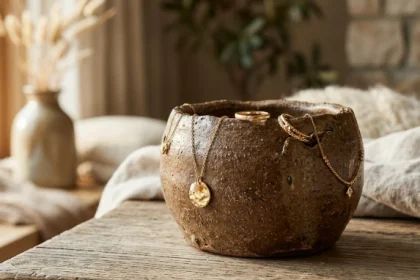 Sự kết hợp giữa gốm sứ và trang sức vàng minh họa cho ngũ hành khi tìm hiểu canh tuất 1970 mệnh gì