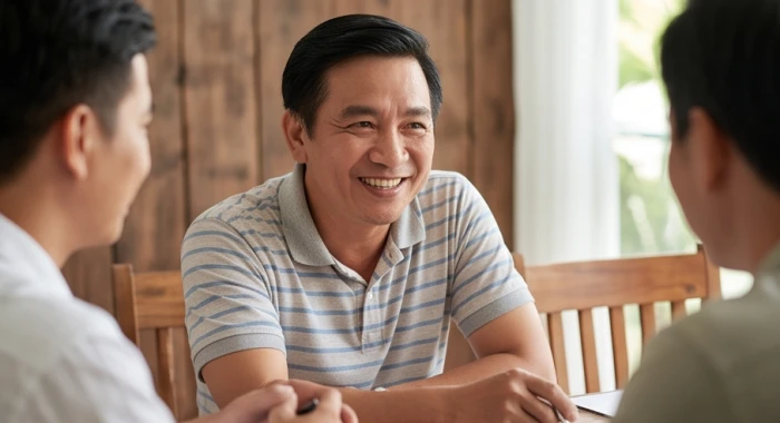 Người tuổi Canh Tý tham gia trò chuyện cởi mở trong buổi họp nhóm nhỏ bên bàn trà sáng