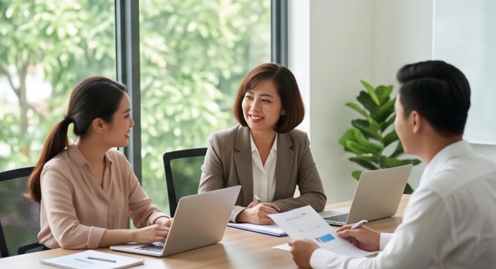 Cuộc thảo luận công việc nghiêm túc giữa người quản lý tuổi Canh Tý và các cộng sự trẻ