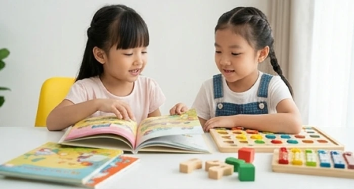 Bé gái tuổi canh tý vui vẻ chia sẻ sách truyện và đồ chơi trí tuệ với bạn học trong góc bàn học ngăn nắp