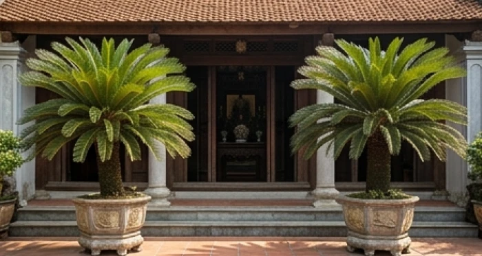 Hai chậu cây Vạn Tuế tán lá xòe tròn đều đặn được bố trí đối xứng vững chãi hai bên bậc tam cấp